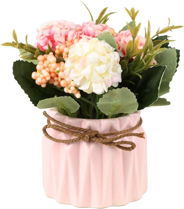 Photo 1 of SUPNIU Artificial Hydrangea Bouquet with Small Ceramic Vase Fake Silk Variety Flower Balls Flowers Decoration for Table Home Party Office Wedding (Pink)
