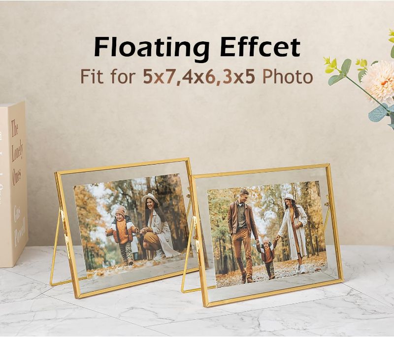 Photo 3 of Gold Floating Picture Frame for 5x7 Photos, Glass Pressed Picture Frames, Horizontal Standing Tabletop Glass Floating Frame for Home Decor
