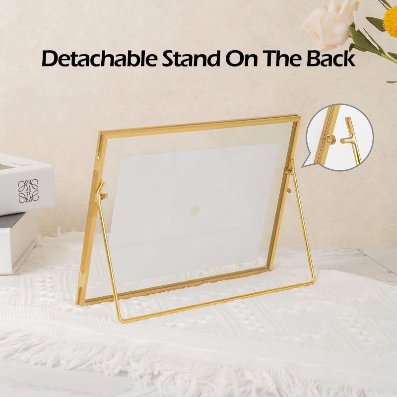 Photo 1 of Gold Floating Picture Frame for 5x7 Photos, Glass Pressed Picture Frames, Horizontal Standing Tabletop Glass Floating Frame for Home Decor
