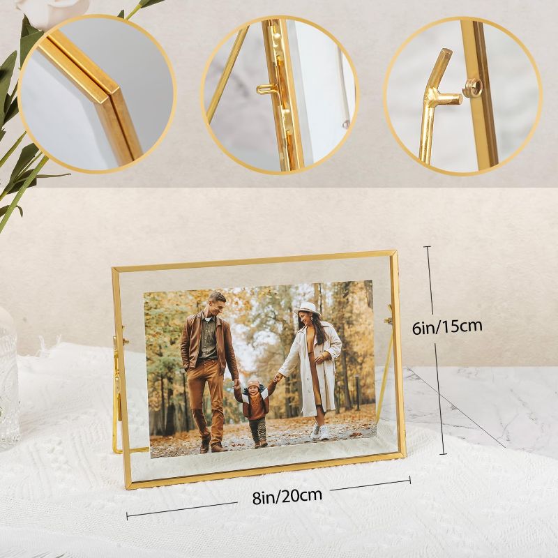 Photo 2 of Gold Floating Picture Frame for 5x7 Photos, Glass Pressed Picture Frames, Horizontal Standing Tabletop Glass Floating Frame for Home Decor

