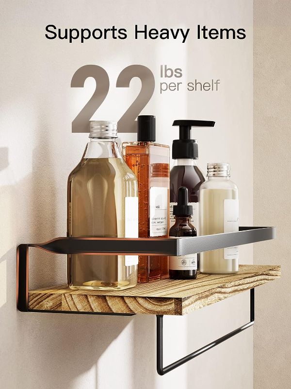 Photo 3 of AMADA HOMEFURNISHING Floating Shelves-Set of 3, Bathroom Shelves with Sturdy Hooks and Towel Bar, Paulownia Wood Wall Shelves for Bathroom, Kitchen, Entryway, Living Room & Bedroom? AMFS01-1
