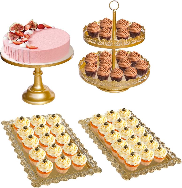 Photo 2 of 4Pcs Metal Cake Stand and Trays Metal Cupcake Holder Fruits Dessert Display Plate for Wedding Birthday Party Baby Shower Celebration Home Decor Gold/ ITEM IS NEW BUT MAYBE MISSING PARTS

