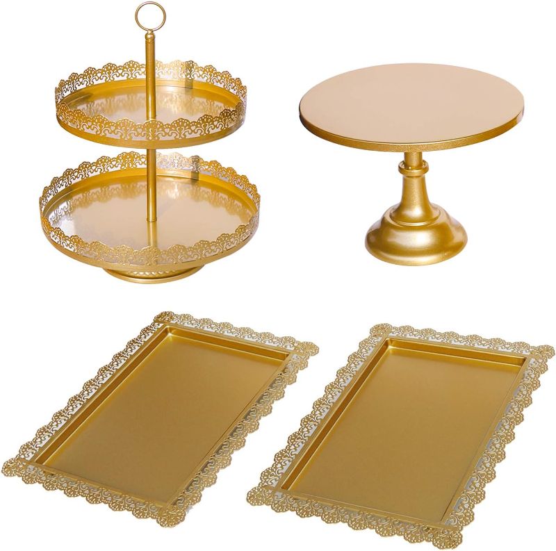 Photo 1 of 4Pcs Metal Cake Stand and Trays Metal Cupcake Holder Fruits Dessert Display Plate for Wedding Birthday Party Baby Shower Celebration Home Decor Gold/ ITEM IS NEW BUT MAYBE MISSING PARTS
