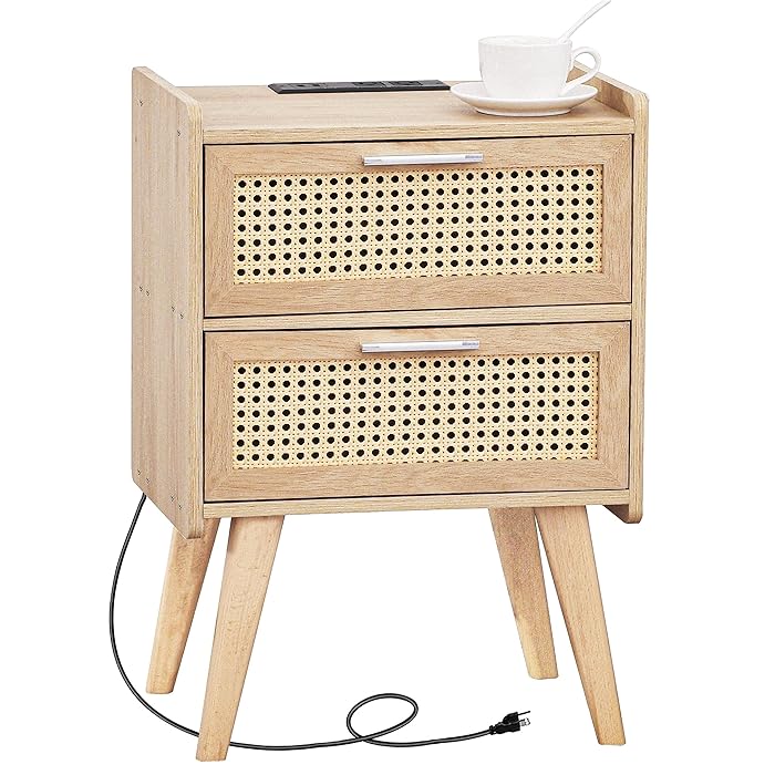 Photo 1 of Rattan Nightstand with Charging Station & 2 Rattan-Like Decor Drawers,Small End Table with Solid Wood Feet for Small Bedroom, Living Room, Natural,