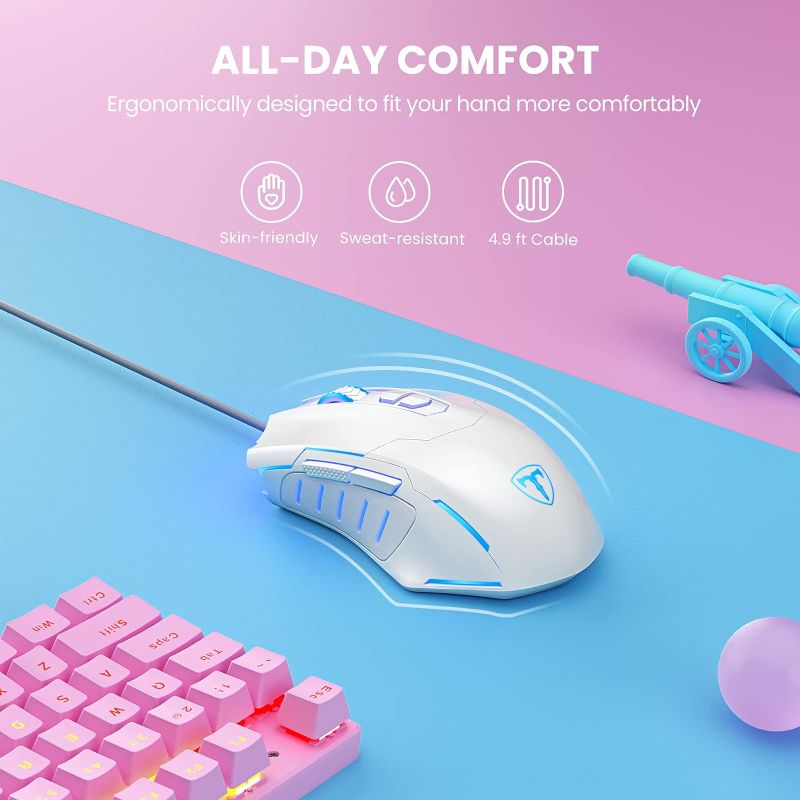 Photo 2 of WEEMSBOX Gaming Mouse, Wired Gaming Mice [Breathing RGB LED] [Plug Play] High-Precision Adjustable 7200 DPI, 7 Programmable Buttons, Ergonomic Computer USB Mouse for Windows/PC/Mac/Laptop Gamer-White
