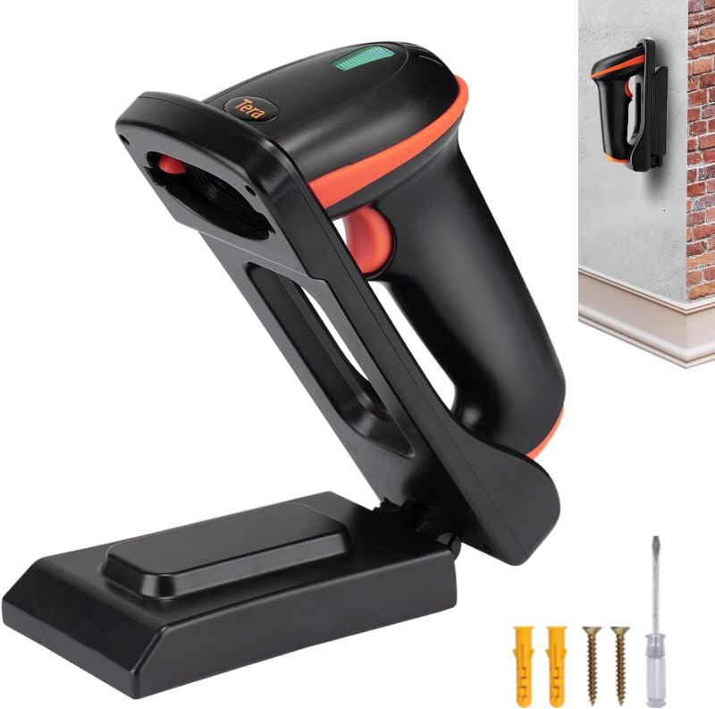 Photo 1 of Tera 1D 2D QR Barcode Scanner with Adjustable Folding Stand and Charging Cradle, Wall Mountable 2.4G Wireless & USB 2.0 Wired QR Bar Code Reader with Vibration Alert Model D5100-Fold
