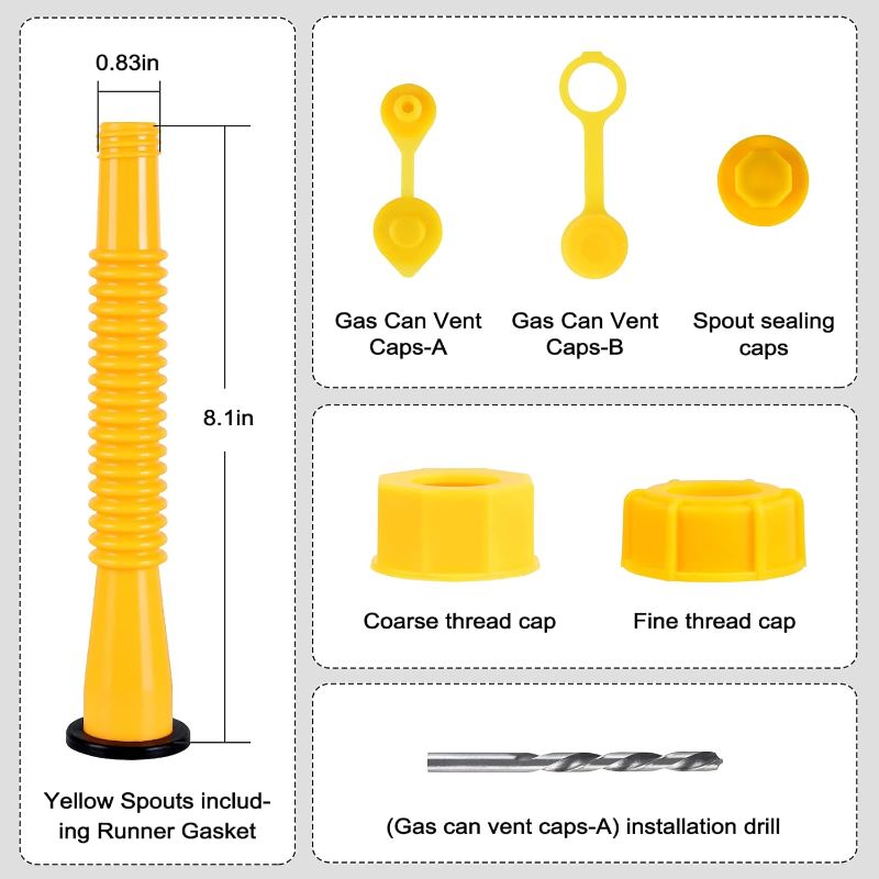 Photo 4 of Gas Can Spout Replacement,Gas Can Nozzle,(3 Kit-Yellow) with 6 Screw Collar Caps(3 Coarse Thread &3 Fine Thread-Fits Most of The Cans) with Gas Can Vent Caps,Thick Rubber pad,Spout Cover,Base Caps
