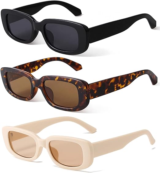 Photo 1 of KUGUAOK Trendy Rectangle Sunglasses for Women Retro Small Square Sun Glasses UV 400 Protection Travel Goggles 3 PACK
