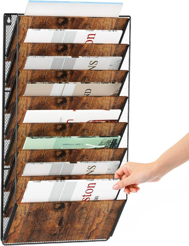 Photo 1 of HOYRR Wall File Organizer, Wall File Holder, 8 Pockets Hanging Wall File Organizer, Iron and Wood Combination Wall Mount File Organizer, For Home and Office- ITEM IS NEW BUT MAY BE MISSING PARTS
