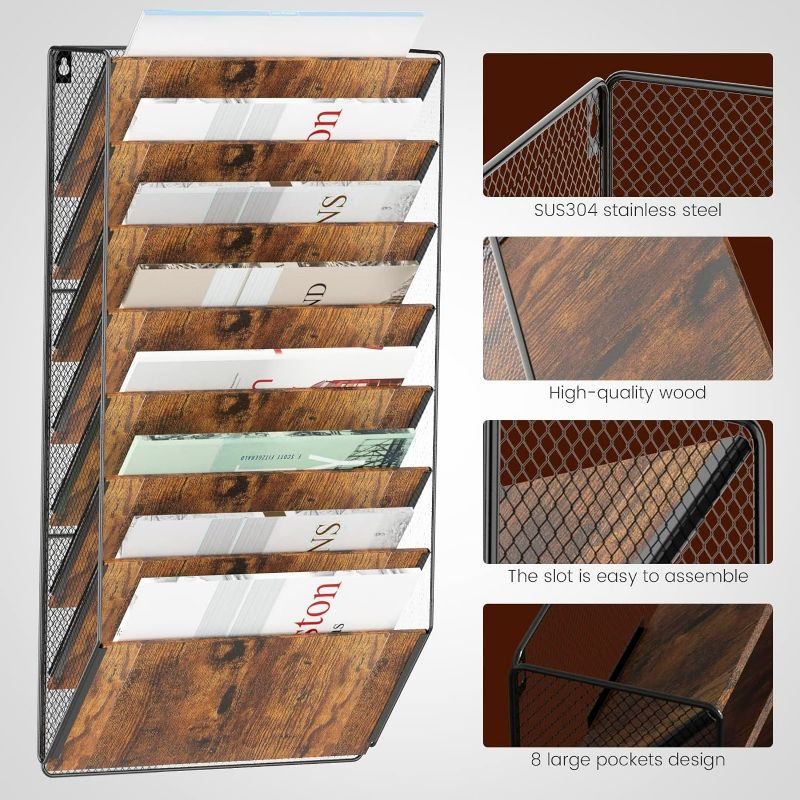 Photo 3 of HOYRR Wall File Organizer, Wall File Holder, 8 Pockets Hanging Wall File Organizer, Iron and Wood Combination Wall Mount File Organizer, For Home and Office- ITEM IS NEW BUT MAY BE MISSING PARTS
