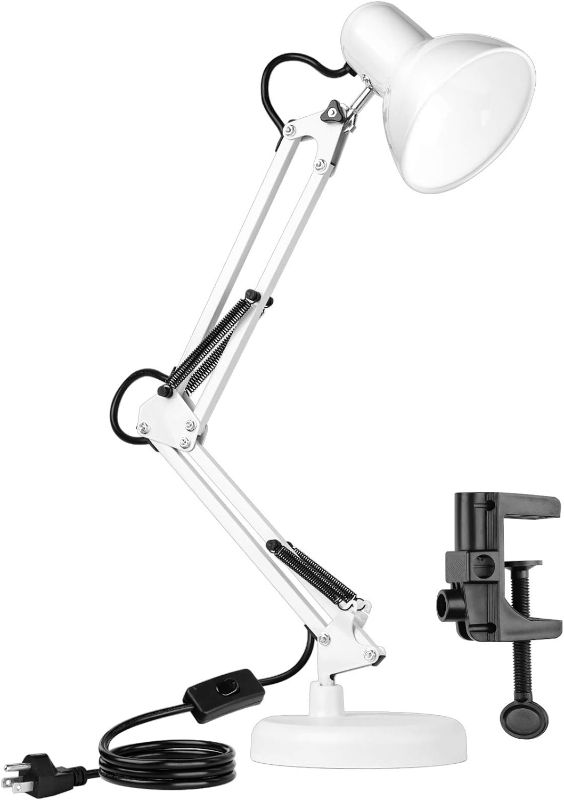 Photo 1 of AmeriTop Metal Desk Lamp, Adjustable Goose Neck Swing Arm Table Lamp with Interchangeable Base Or Clamp; Eye-Caring Study Desk Lamps for Bedroom, Study, Office, Table (White)- ( ITEM MAY BE USED/ MISSING PARTS )
