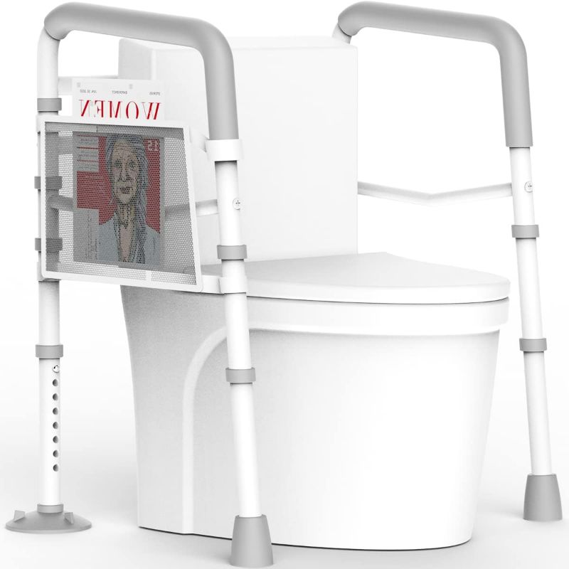 Photo 1 of AGRISH Stand Alone Toilet Safety Rail - Adjustable Width & Height Fit Any Toilet, Medical Toilet Frame for Elderly Handicap Disabled, Folding Handrails with Storage and Padded Handles(White Grey)-  BOX HAS BEEN OPENED / MAY BE MISSING PARTS