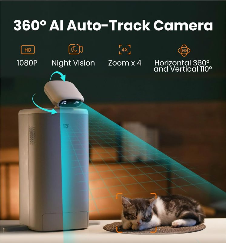 Photo 3 of Automatic Cat Feeder with Camera, HHOLOVE O Sitter 1080P HD Pet Camera with Cat Food Dispenser, 5G WiFi with APP Control for Remote Feeding, Night Vision, Laser, AI 24H Life Record
