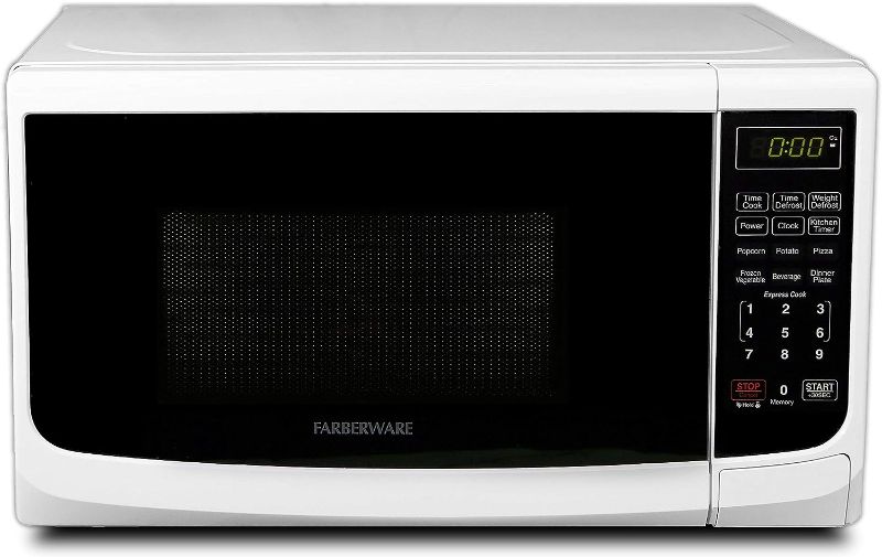 Photo 1 of Farberware Countertop Microwave 700 Watts, 0.7 cu ft - Microwave Oven With LED Lighting and Child Lock - Perfect for Apartments and Dorms - Easy Clean Grey Interior, Retro White- ITEM IS USED
