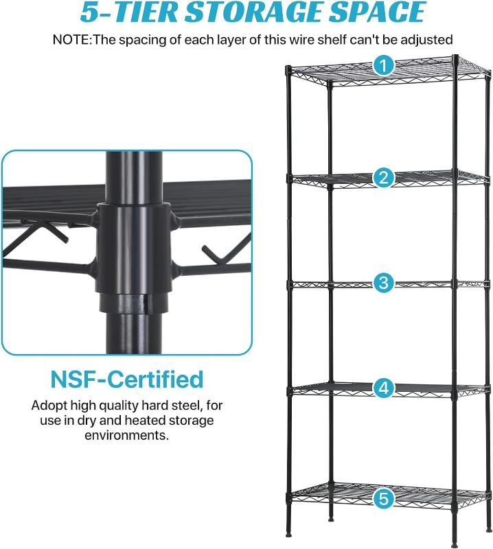 Photo 3 of 5-Tier Metal Shelving Unit, Heavy Duty Storage Shelves Hold 750LBS NSF Steel Organizer Wire Rack for Closet Basement Office Kitchen Laundry, 24" W x 14" D x 60" H- Black- ITEM IS NEW BUT MAY BE MISSING PARTS
