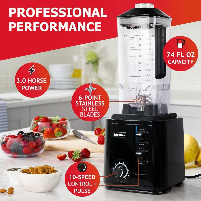 Photo 2 of Mueller DuraBlend, 10-Speed 3.0hp Professional Series Blender - Pulse Mode and Ice Crushing Powerful Motor, Smoothie Blender, 74 Oz, 6 Stainless Steel Blades, Blend, Chop, Grind, with Smoothie Bottle
