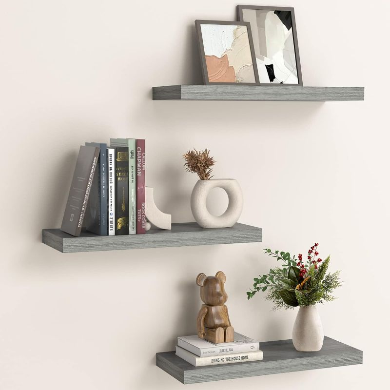Photo 3 of AMADA HOMEFURNISHING Floating Shelves, Wall Shelves for Bathroom/Living Room/Bedroom/Kitchen Decor, Grey Shelves with Invisible Brackets Set of 3 - AMFS07G
