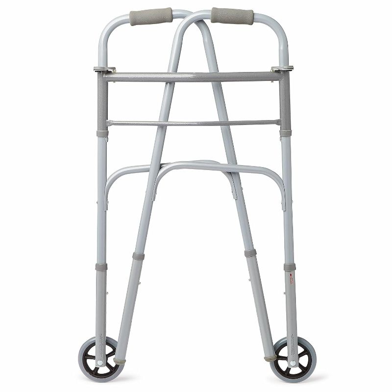 Photo 3 of Medline MDS86410W54BH Easy Care Two-Button Folding Walker with 5" Wheels
