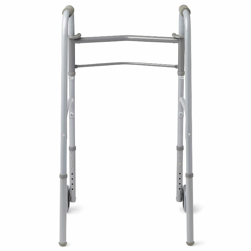 Photo 2 of Medline MDS86410W54BH Easy Care Two-Button Folding Walker with 5" Wheels
