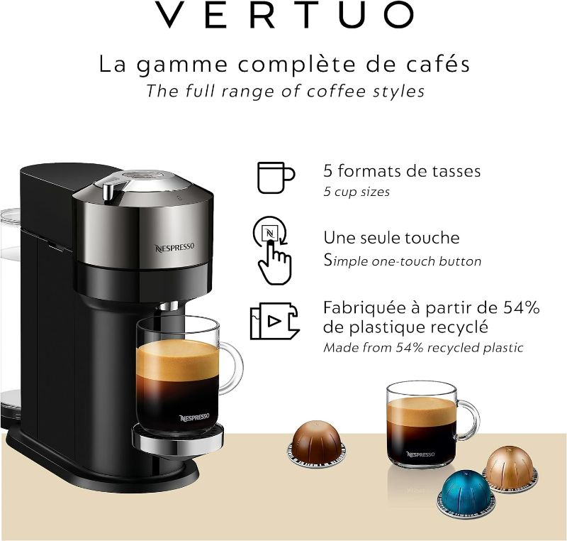 Photo 3 of Nespresso Vertuo Next Deluxe Coffee and Espresso Maker, Pure Chrome with Aeroccino Milk Frother,1.1 liter, Black,Dark Chrome- ITEM IS NEW BUT MAY BE MISSING PARTS
