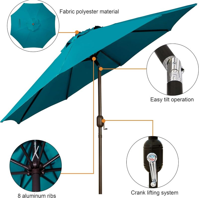 Photo 2 of Blissun 9' Outdoor Patio Umbrella, Market Striped Umbrella with Push Button Tilt and Crank (Cerulean)
