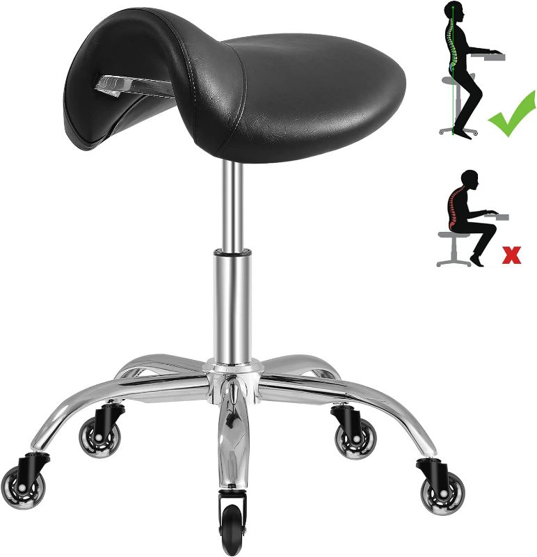 Photo 1 of Saddle Stool with Wheels 300 lbs Weight Capacity, Heavy Duty Rolling Stool for Medical Massage Salon Kitchen Spa Drafting Nail-Tech,Height Adjustable,360 Swivel,Wide Thick Seat Padding (Premium Black)- ITEM IS NEW BUT MAY BE MISSING PARTS