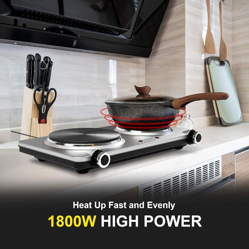 Photo 2 of GIVENEU Electric Double Burner Hot Plate for Cooking, 1800W Portable Electric Stove, 6 Speed Adjustable Thermostats, Stainless Steel Hot Plate for Kitchen, Dorm and Camping
