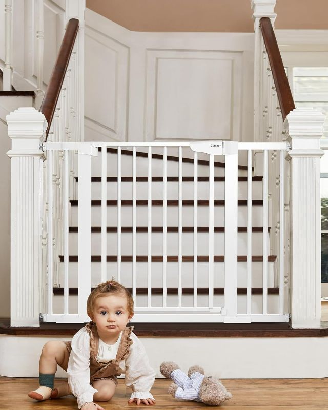 Photo 1 of Mom's Choice Awards Winner-Cumbor 29.7-57" Baby Gate for Stairs, Auto Close Dog Gate for the House, Easy Install Pressure Mounted Pet Gates for Doorways, Easy Walk Thru Wide Safety Gate for Dog, White
