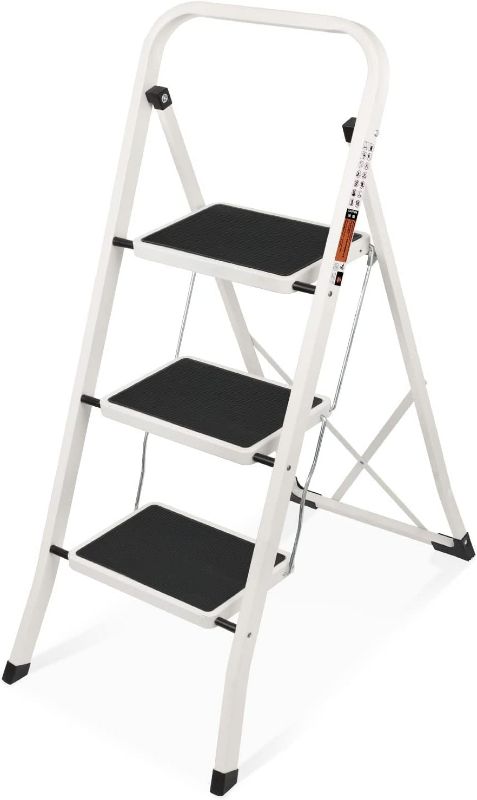 Photo 1 of 3 Step Ladder, SPIEEK Folding Step Stool with Wide Anti-Slip Pedal, 330lbs Capacity Portable Lightweight Ladders for Home Kitchen Outdoor, White
