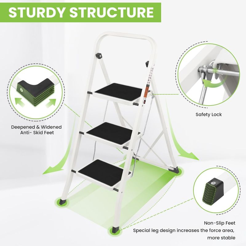 Photo 1 of 3 Step Ladder, SPIEEK Folding Step Stool with Wide Anti-Slip Pedal, 330lbs Capacity Portable Lightweight Ladders for Home Kitchen Outdoor, White
