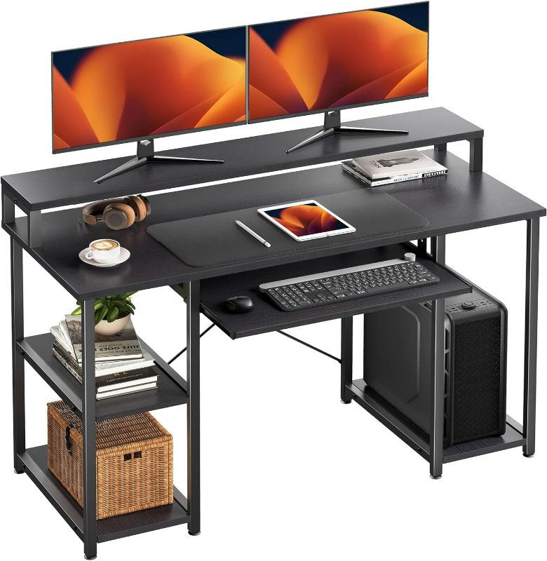 Photo 1 of SUPERJARE-  Computer Desk with Storage Shelves, 47 inch Home Office Desk with Monitor Stand, Writing Desk Table with Keyboard Tray , Electric  Outlets (Black)
