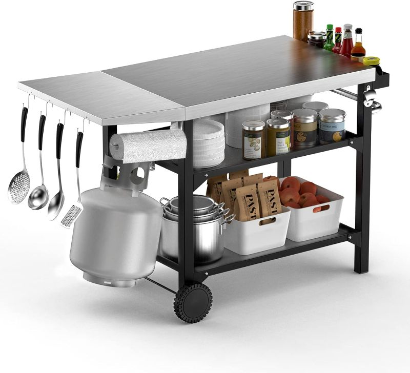 Photo 1 of Skyflame Movable Outdoor Dining Cart Table, Three-Shelf Stainless Steel BBQ Grill Cart, Multifunctional Food Prep Flattop Worktable on Wheels for Kitchen, Pizza Oven, Patio Grilling Backyard- ITEM IS NEW BUTMAY BE MISSING PARTS
