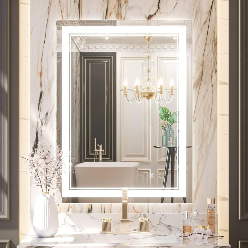 Photo 1 of Keonjinn LED Mirror for Bathroom, Adjustable 3000K/4500K/6000K Lights, 32 x 24 Inch Front Lighted Bathroom Mirrors, Wall Mounted Anti-Fog Dimmable LED Vanity Mirror for Bedroom(Horizontal/Vertical)- ITEM IS NEW BUT  MAY BE MISSING PARTS
