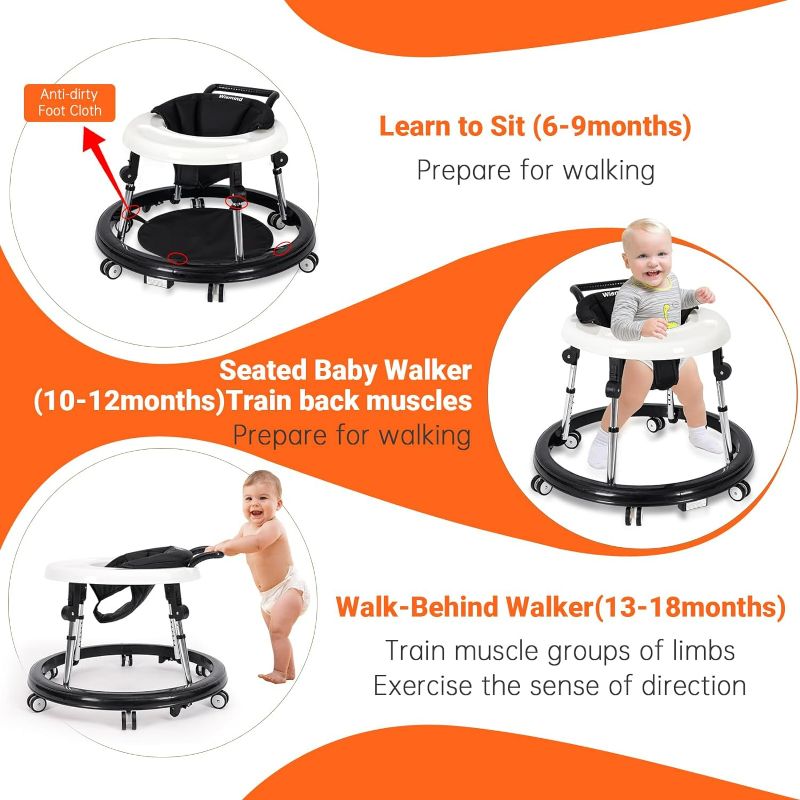 Photo 2 of Wismind Baby Walker Foldable with 9 Adjustable Heights, Baby Walkers and Activity Center for Boys Girls Babies 6-12 Months, Baby Walker and Bouncer Combo with Wheels Portable Anti-Rollover-ITEM IS NEW BUT  MAY BE MISSING PARTS
