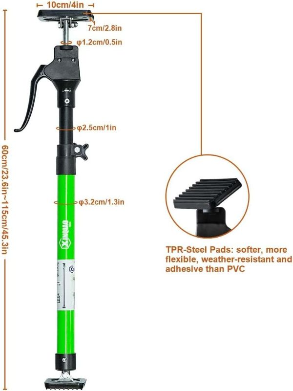 Photo 3 of XINQIAO Third Hand Tool 3rd Hand Support System, Premium Steel Support Rod with 154 LB Capacity for Cabinet Jack, Drywall Jack& Cargo Bars, 23.6 in- 45.3 in Long, 1 PC, Green
