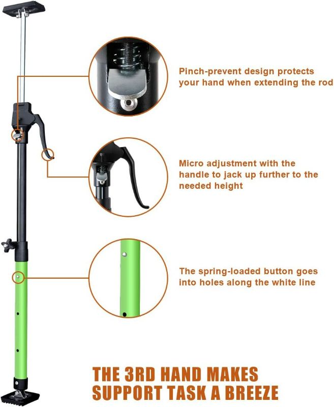 Photo 4 of XINQIAO Third Hand Tool 3rd Hand Support System, Premium Steel Support Rod with 154 LB Capacity for Cabinet Jack, Drywall Jack& Cargo Bars, 23.6 in- 45.3 in Long, 1 PC, Green
