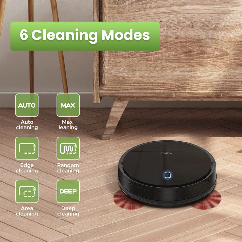 Photo 2 of Enther Robot Vacuum Cleaner, Robotic Vacuum Cleaner with Gyro Navigation, 2600mAh, 120mins Run Time, Super-Thin, 6 Clean Modes, Self-Charging for Pet Hair Hard Floors, Carpet, Black
