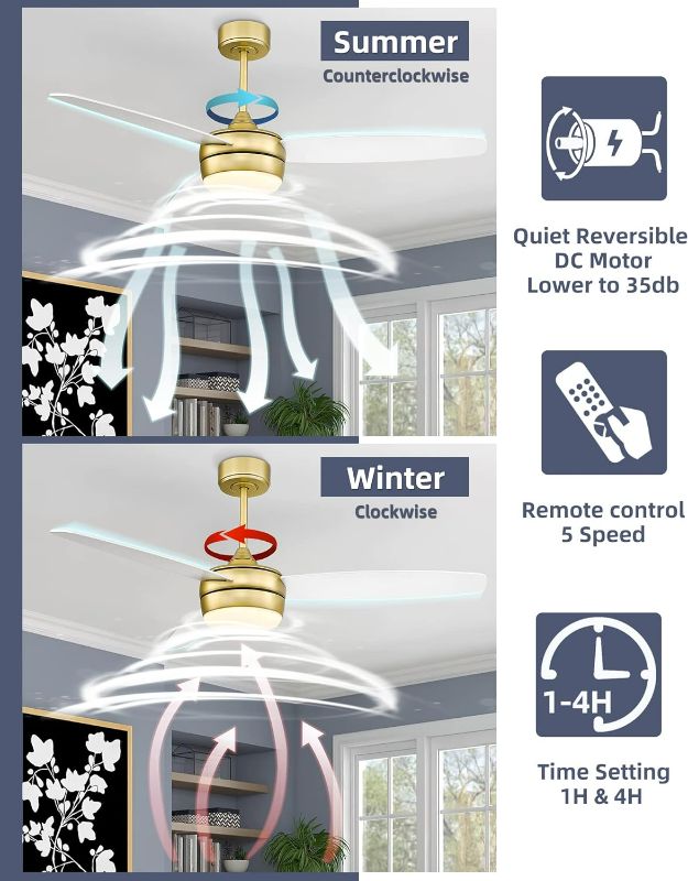 Photo 3 of YOUKAIN Modern Ceiling Fan, 52 Inch Gold Ceiling Fan with Light and Remote Control, LED Ceiling Fan with 3 White Blades for Living room, Bedroom, Bathroom, 52-YJ273-WHITE-  ITEM IS NEW BUT  MAY BE MISSING PARTS
