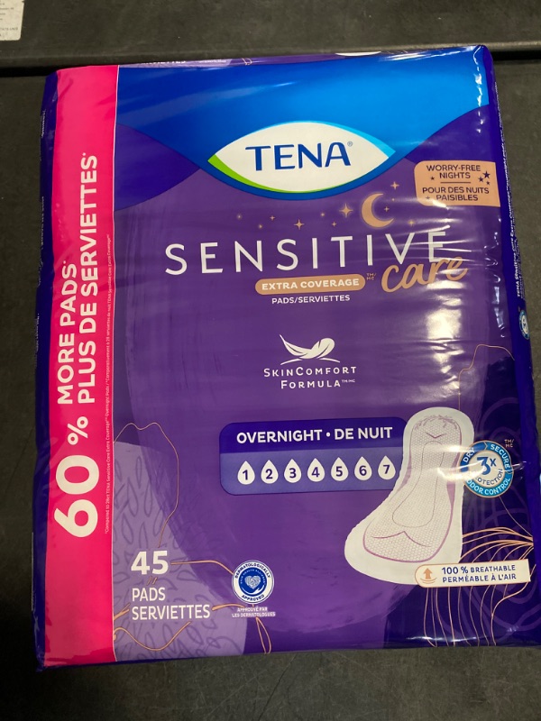Photo 2 of TENA Incontinence Pads, Bladder Control & Postpartum for Women, Overnight Absorbency, Extra Coverage, Sensitive Care - 45 Count
