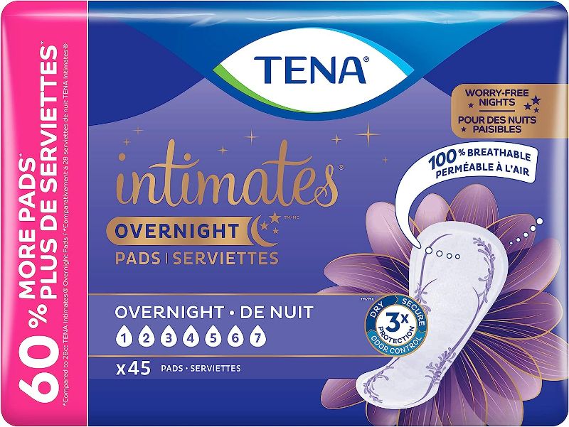 Photo 1 of TENA Incontinence Pads, Bladder Control & Postpartum for Women, Overnight Absorbency, Extra Coverage, Sensitive Care - 45 Count

