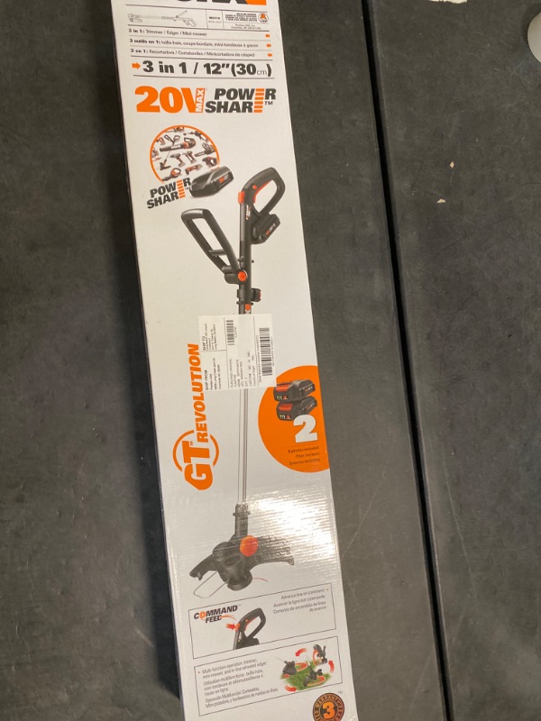 Photo 4 of Worx WG170 GT Revolution 20V 12" String Trimmer Grass Trimmer/Edger/Mini-Mower (Batteries & Charger Included)-ITEM IS NEW BUT  MAY BE MISSING PARTS

