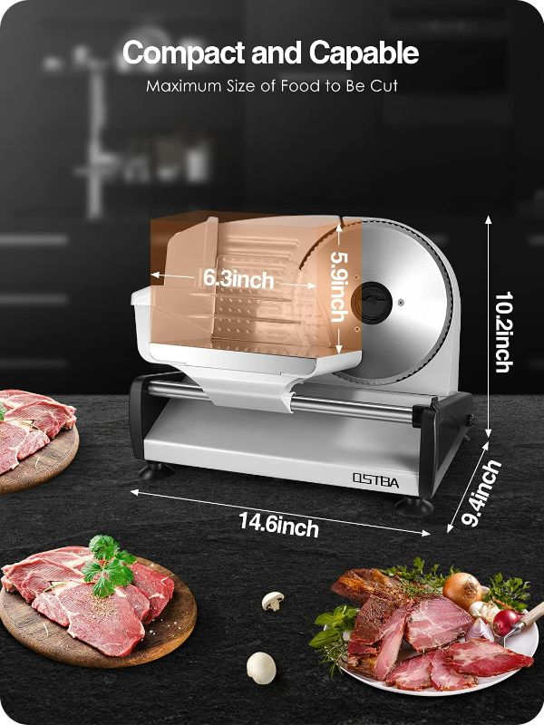 Photo 3 of Meat Slicer 200W Electric Deli Food Slicer with 2 Removable 7.5" Stainless Steel Blade, Adjustable Thickness for Home Use, Child Lock Protection, Easy to Clean, Cuts Meat, Bread and Cheese-ITEM IS NEW BUT  MAY BE MISSING PARTS
