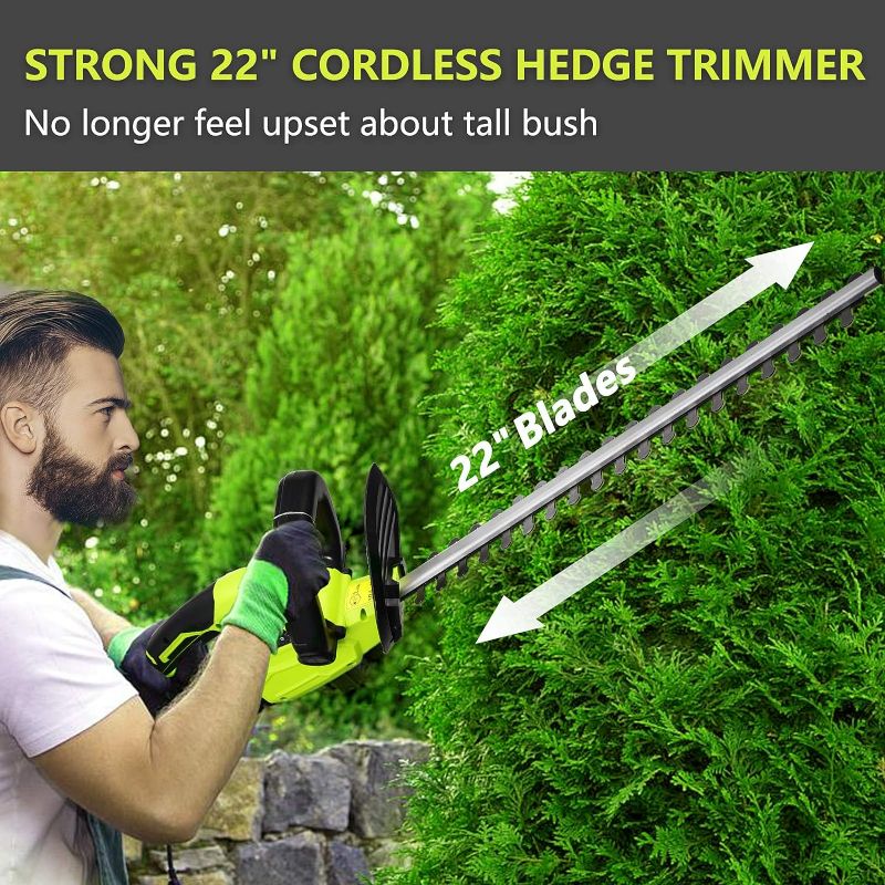 Photo 2 of SnapFresh 20V Cordless Hedge Trimmer - 22" Dual-Action Blade, Hedge Trimmer Cordless with 2.0Ah Battery and Charger, Grass Trimmer-ITEM IS NEW BUT  MAY BE MISSING PARTS

