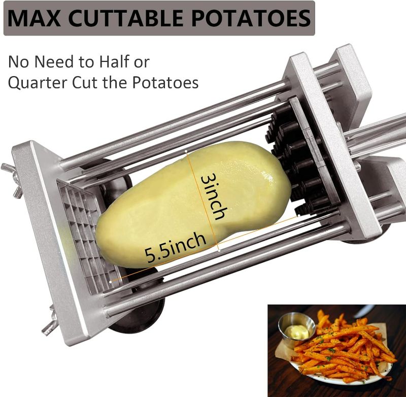 Photo 2 of French Fry Cutter, Potato Slicer Fry Cutter with Detachable Handle? Stainless Steel Potato Cutter Includes 3/8",1/2" Blades with 4 Suction Feet for Potato, Carrot, Cucumbers-ITEM IS NEW BUT  MAY BE MISSING PARTS

