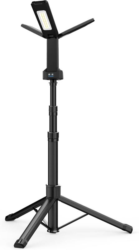 Photo 1 of Rechargeable LED Work Light with Stand, 67" Tall Portable Cordless Work Light 3-head, 8AH Battery, 500/1500/2500 Lumen, 4000/6500K Dimmable Camping Light with Detachable Tripod (Carrying Bag Included)-ITEM IS NEW BUT  MAY BE MISSING PARTS


