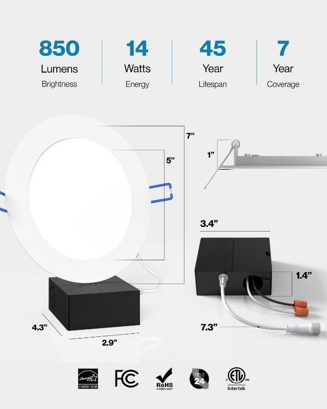Photo 3 of Sunco 2 Pack 6 Inch Ultra Thin LED Recessed Ceiling Lights, 5000K Daylight, Dimmable, 14W, Wafer Thin, Canless with Junction Box - Energy Star
