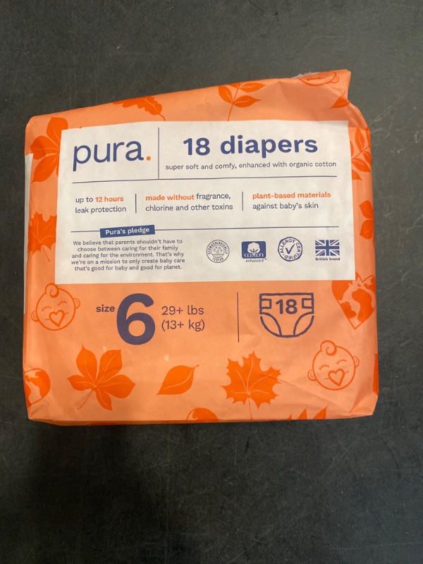 Photo 3 of Pura Size 6 Eco-Friendly Diapers (29+ lbs) Hypoallergenic, Soft Organic Cotton, Sustainable, up to 12 Hours Leak Protection, Allergy UK, Recyclable Paper- PACK OF 1
