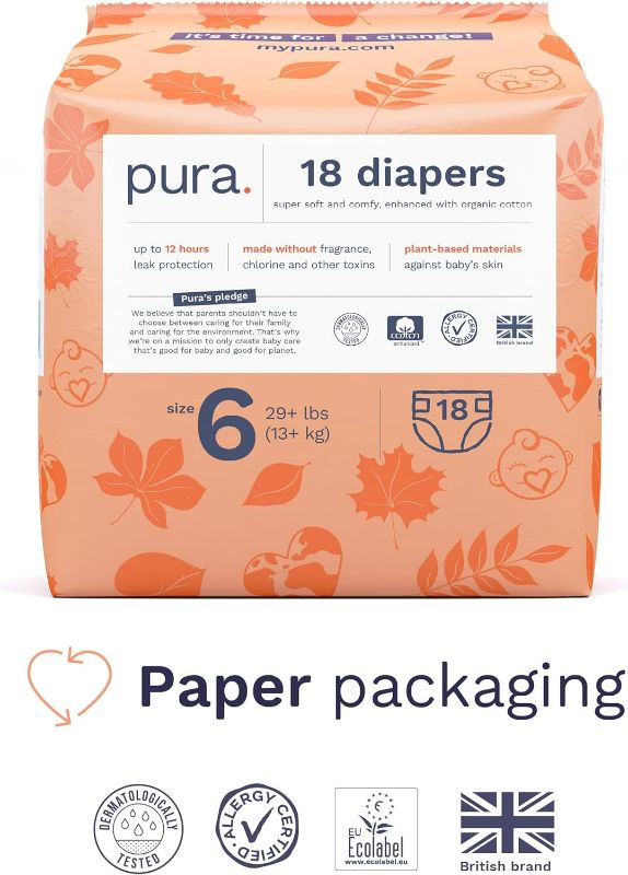 Photo 1 of Pura Size 6 Eco-Friendly Diapers (29+ lbs) Hypoallergenic, Soft Organic Cotton, Sustainable, up to 12 Hours Leak Protection, Allergy UK, Recyclable Paper- PACK OF 1
