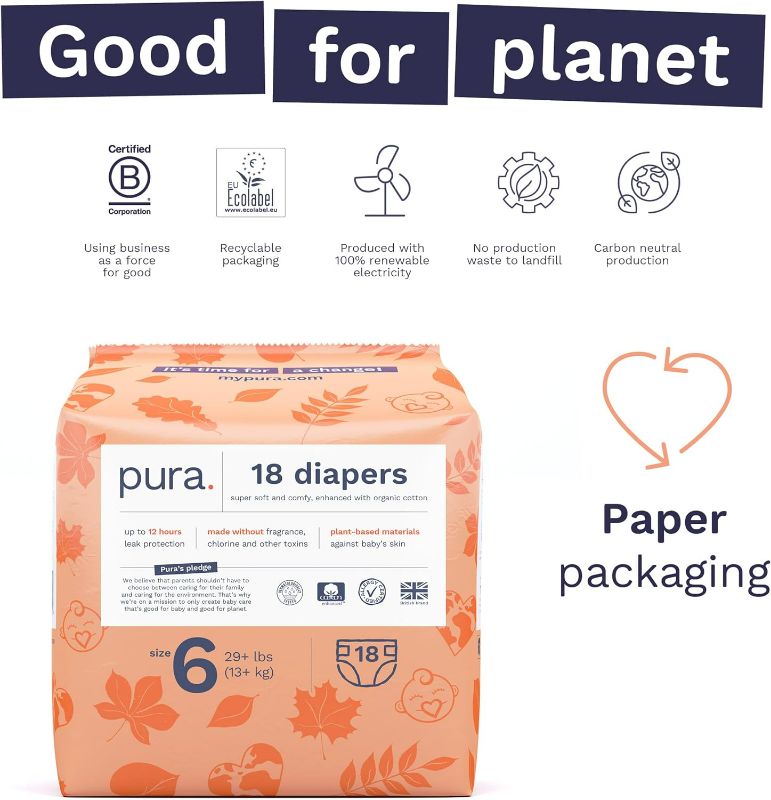 Photo 2 of Pura Size 6 Eco-Friendly Diapers (29+ lbs) Hypoallergenic, Soft Organic Cotton, Sustainable, up to 12 Hours Leak Protection, Allergy UK, Recyclable Paper- PACK OF 1
