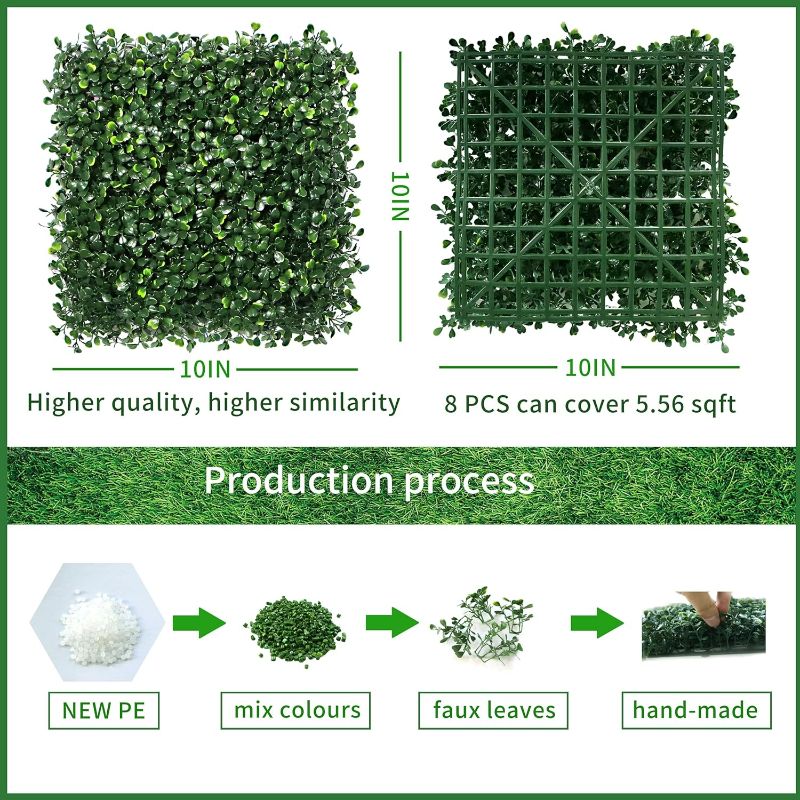 Photo 2 of NETAP Grass Wall Panels, 10"x 10"(8pcs) Artificial Boxwood Faux Green Wall for Interior, Garden Party Wedding Backdrop, Indoor Outdoor Plant Wall Decor
